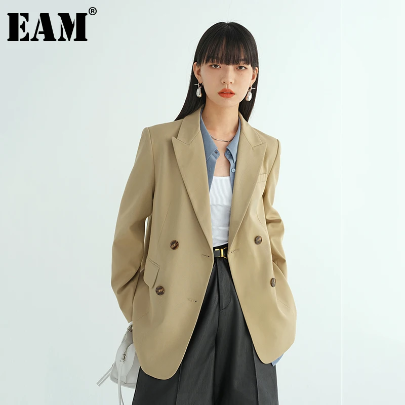 

[EAM] Women Double Breasted Yellow Blazer New Notched Long Sleeve Loose Fit Jacket Fashion Tide Spring Autumn 2022 1DD4941