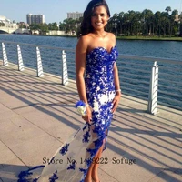 blue sweetheart evening dresses sleeveless lace strapless appliques high low slit arabic muslim special occasion formal party
