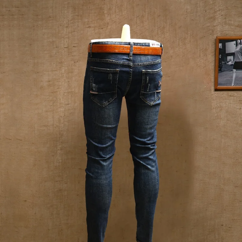 Fashion Men Skinny Ripped Jeans Cotton Stretch Denim Streetwear Blue Pants PSMJ71