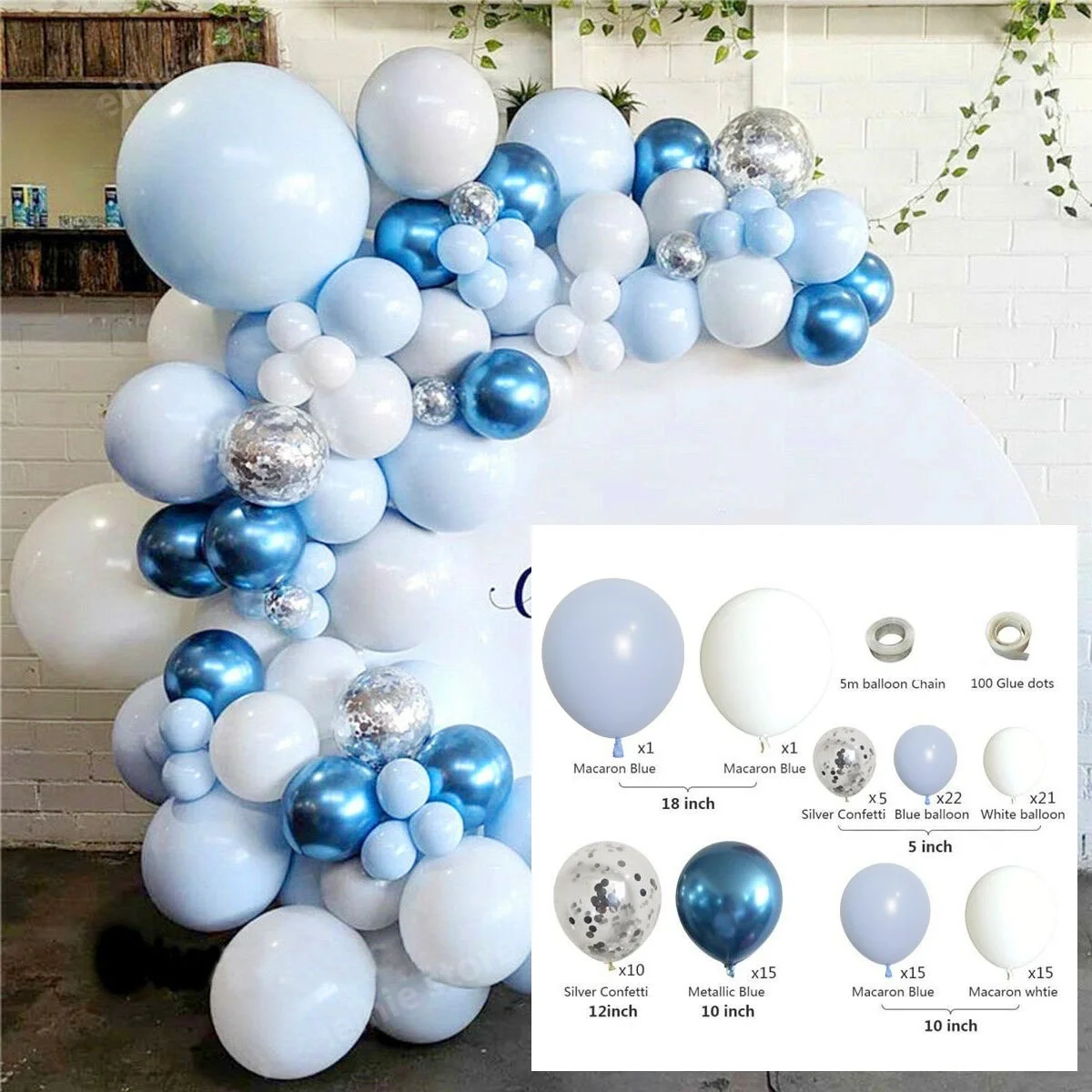 

107pcs Blue Set Agate Marble Balloons Silver Confetti Balloon Wedding Valentine's Day Baby Shower Birthday Party Decorations