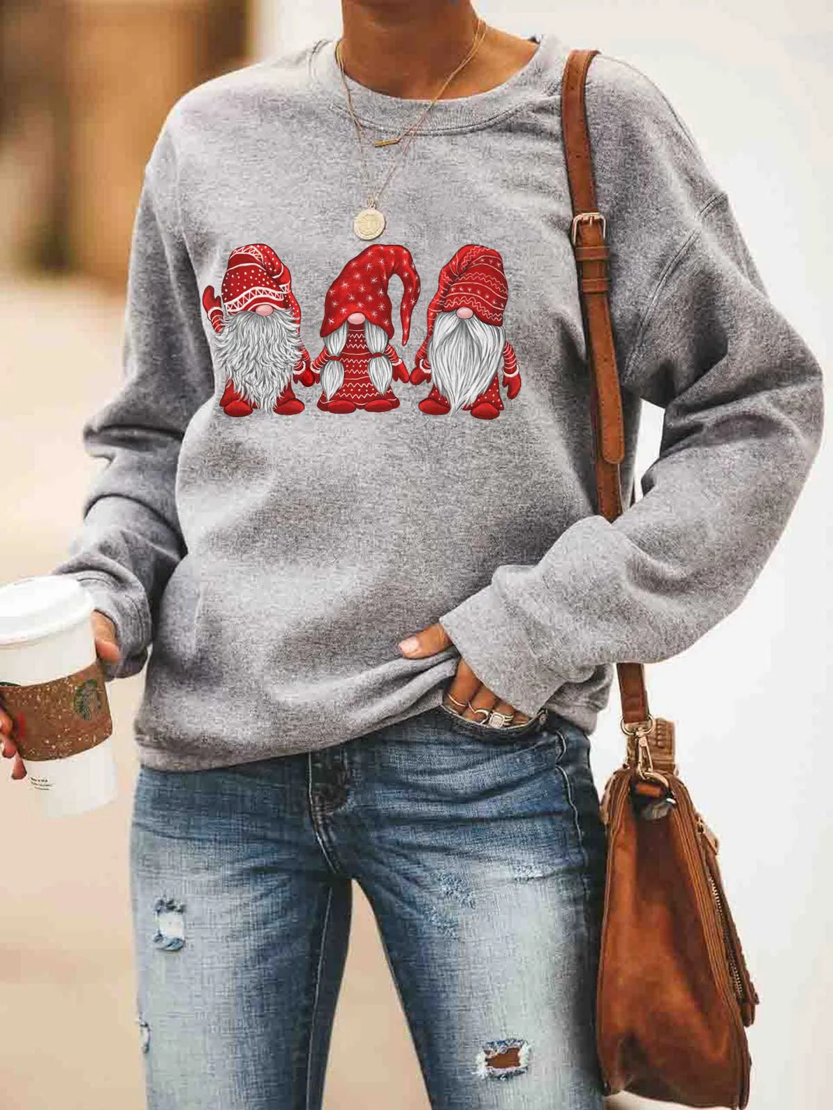 

Three Santa Claus printed round neck long sleeve Pullover