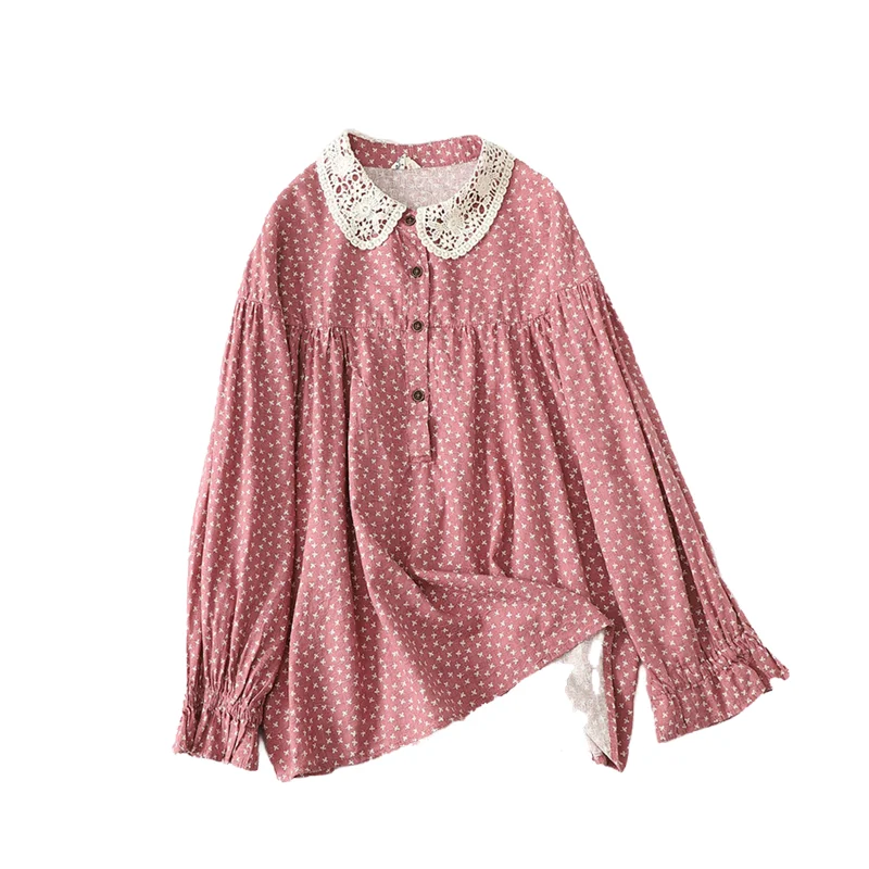 

Lamtrip Unique Lace Peter Pan Collar Fresh Leaves Flowers Print Long Sleeve Shirt Blouse Women