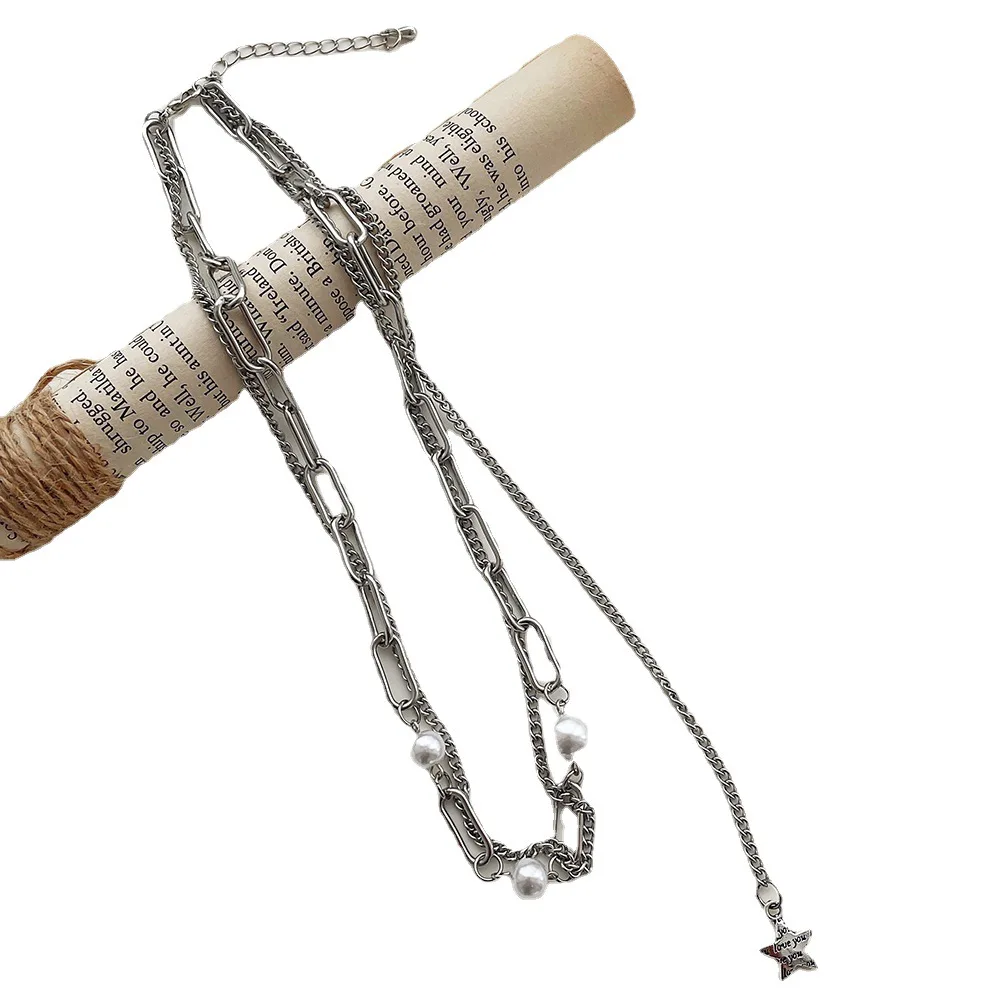 

New Titanium Steel Necklace Female Five-pointed Star Pearl Pendant Double Clavicle Chain Personality Temperament Necklace