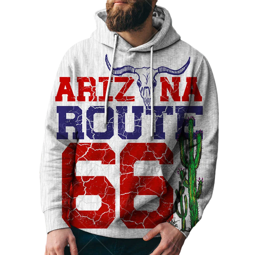 

Spring and Autumn Fashion 3DRoute 66 Letter Printing Men's Hoodie Casual Loose Sweater Retro Long-sleeved Sweatshirt XXS-4XL