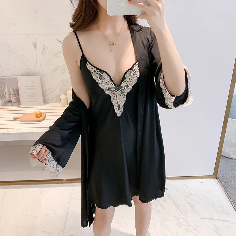 

Casual Orange Nightwear Intimate Lingerie Kimono Robe Sexy 2PCS Sleep Set New Arrival Satin Bathrobe Homewear Satin Sleepwear