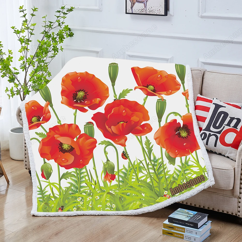 Красные цветы и зеленая трава шерпа одеяло красное Маковое векторное бесшовное