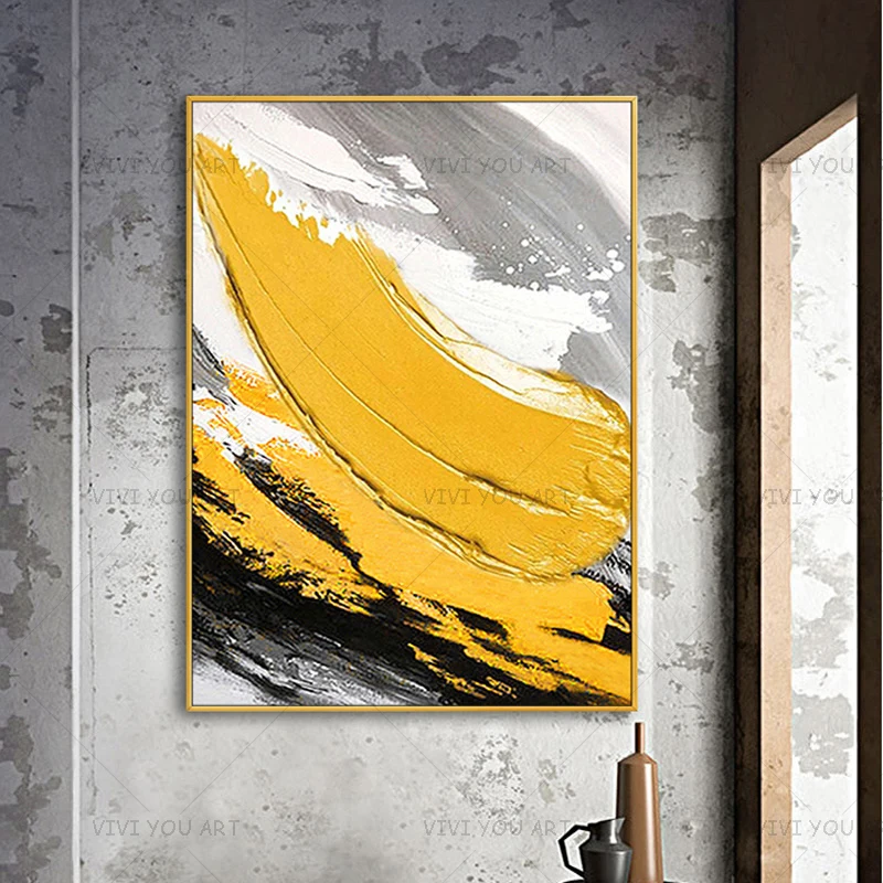 Best Art White Black Gray Yellow Abstract Oil Painting Canvas Handmade Home Decor Artwork | Дом и сад