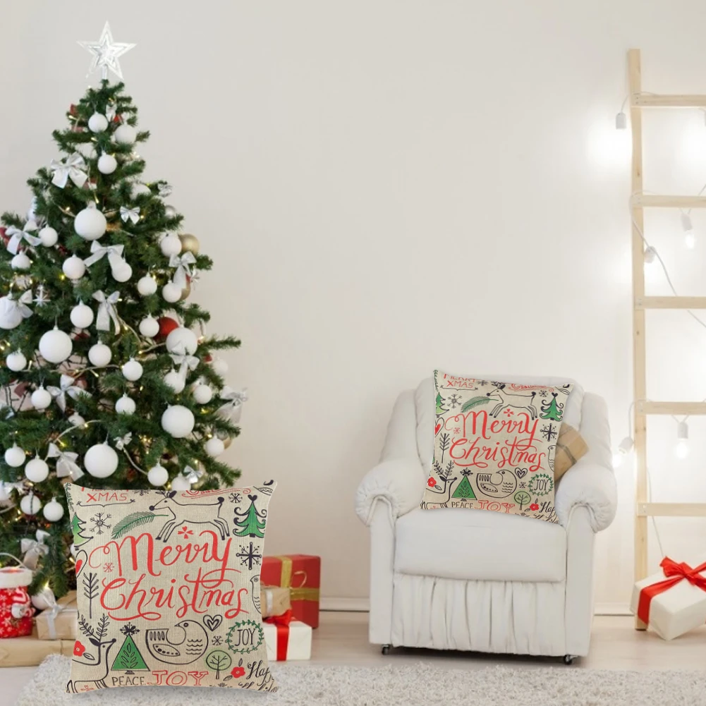 

6pcs Linen Decorative Pillowcase Christmas Cartoon Print Sofa Cushion Cover Pillowslip Square Washable Pillowcase No Inner