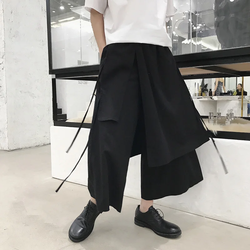 

Men cotton linen irregular hip hop harem pants wide leg gothic men japan style drop crotch joggers pantskirt stage costume