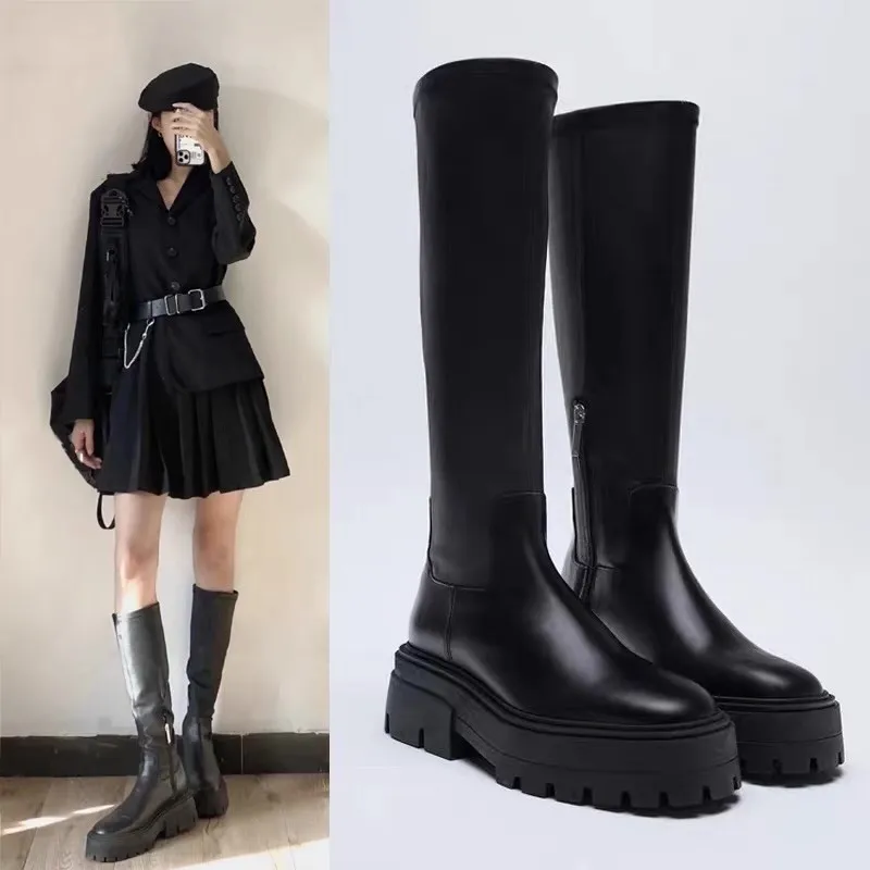 

Женские сапоги до колена, Женская Роскошная модная осенне-зимняя обувь, женские сапоги на толстой подошве, новые сапоги