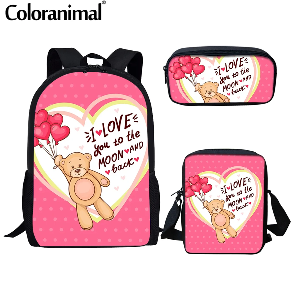 

Coloranimal Fashion 3Pcs Backpack Set for Girls Boys Happy Valentine's Day Bear Cartoon Bear and Heart Pattern School Bag 2021