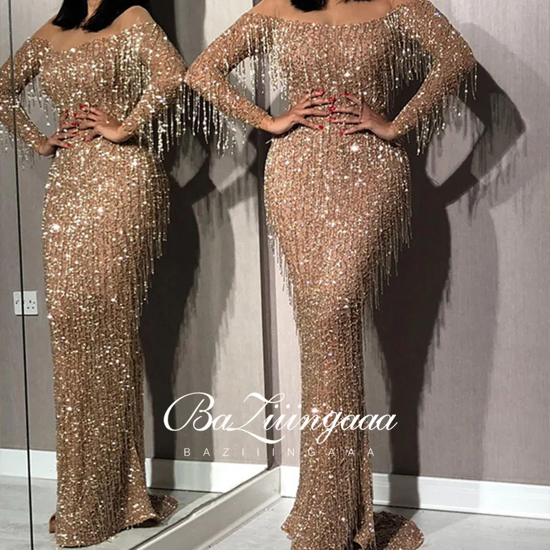 

BAZIIINGAAA Luxury Cocktail Dresses Long Woman Gown Beaded Sequins Robes de cocktail Parties Plus Size Prom Party Gowns