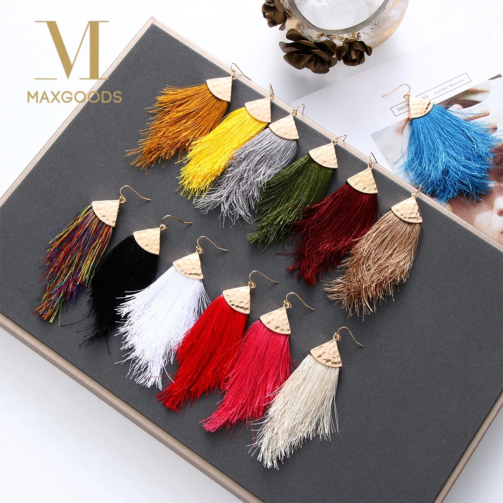 Длинные женские серьги с кисточками красные зеленые черные синие большой