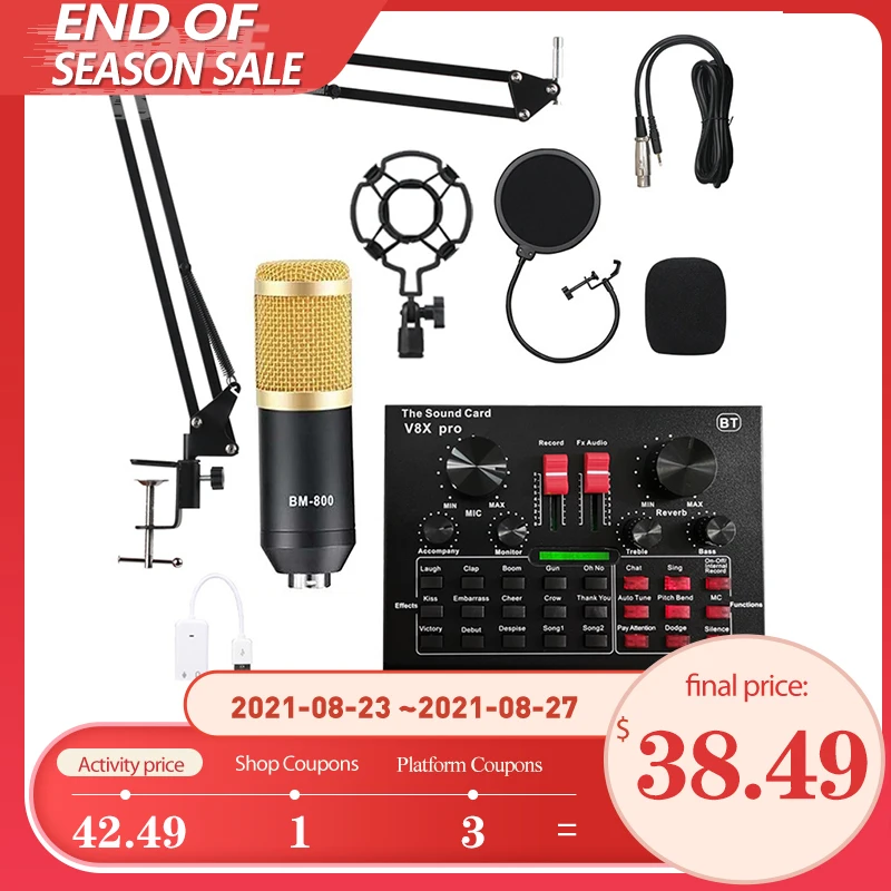 

BM800 Microphone Sound Card Pc Game Live Streaming Dj Condenser Stand USB BT 5.0 Karaoke Studio Recording Professional V8 V9