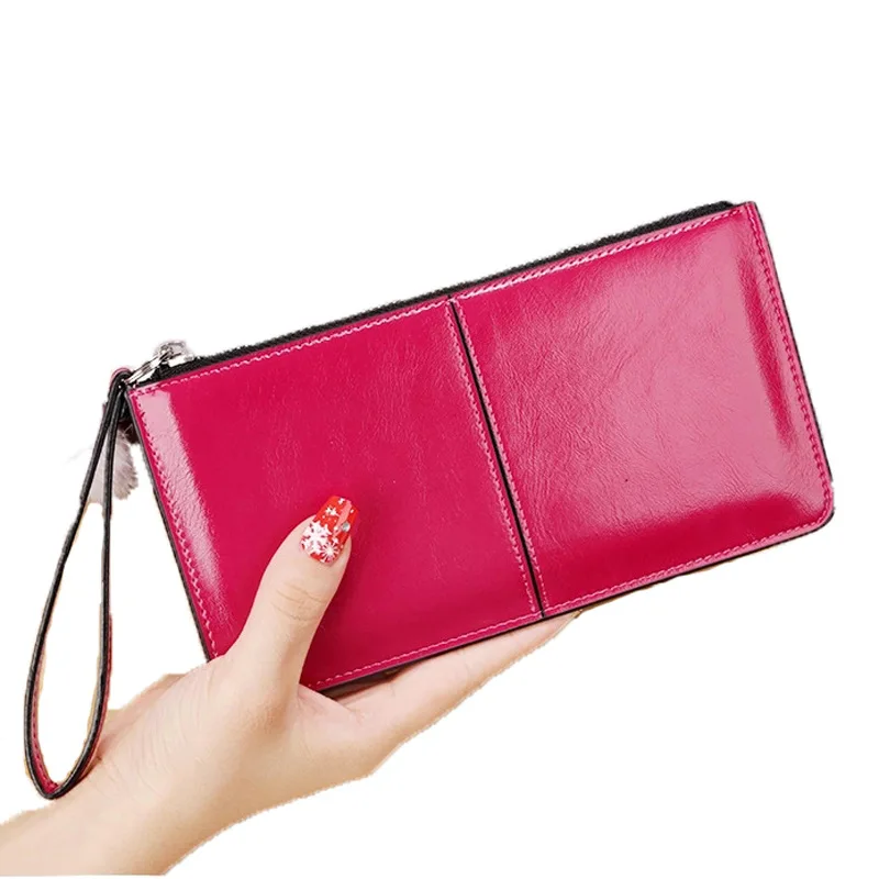 

Vintage Oil Wax Leather Wallet For Women Large Capacity Card Holder With Wristband Zipper Coin Pocket Ladies Clutch Long Purse