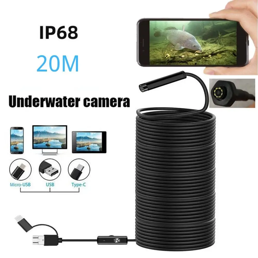 Рыболовная камера Fish Finder Endoscope 20M HD Mini под водой IP67 водонепроницаемая машина Борескоп 8LED зимний инструмент для ледяной рыбалки для смартфонов.