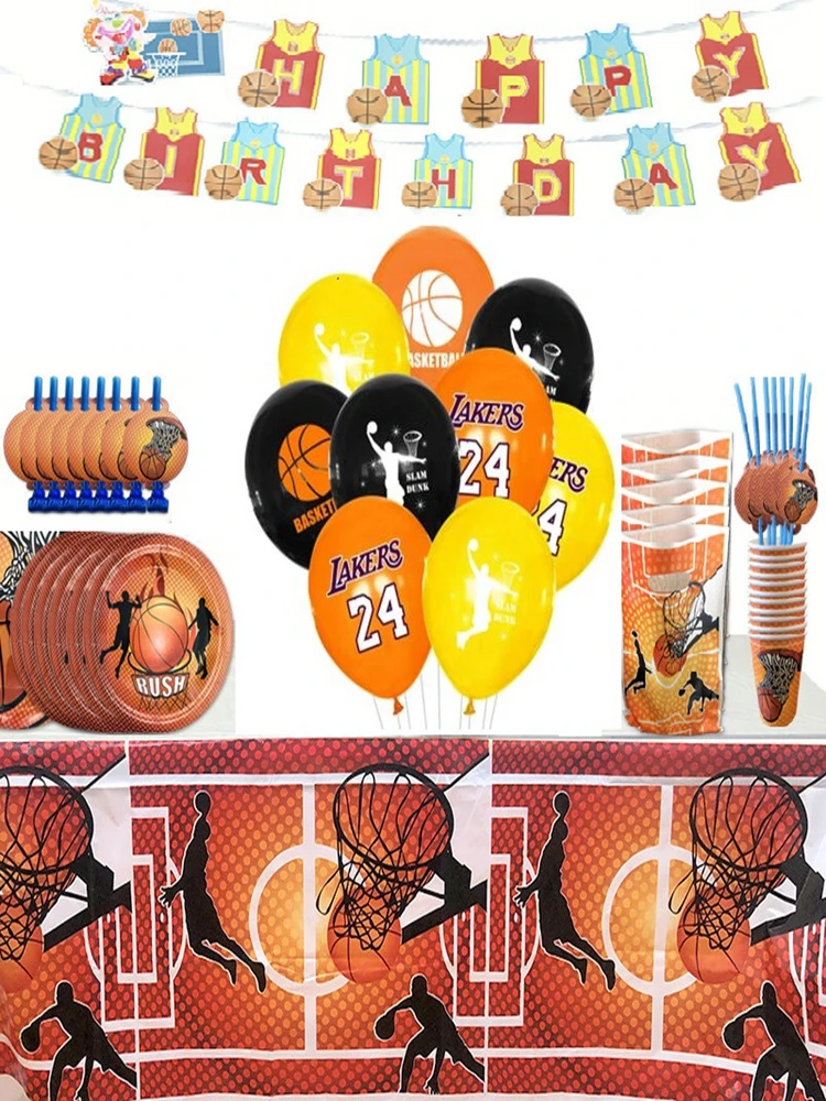 

Basketball Club Disposable Tableware Set Napkin Plates Cups Sport Boy Basketball Enthusiast Birthday Party Ballons Decoration