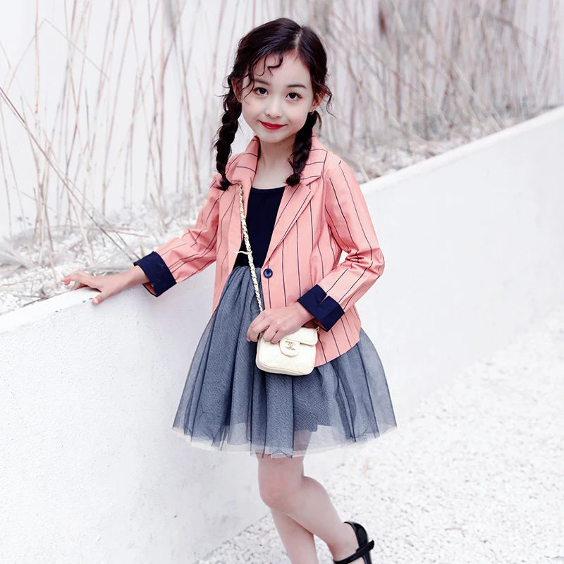 

Fashion Baby Girls Clothes Wedding Party Princess Girls Sets Cute Kids Suits Striped Formal Coats + Dresses 2 PC Child Clothing
