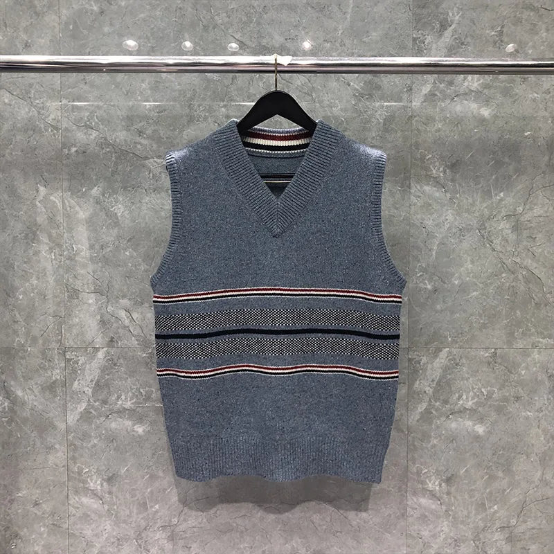 TB THOM Men's Sweater Harajuku Knitted Pullover Korean Version Of Vest Hem Striped Top Luxury Brand Coat Blue TB Vest Sweaters