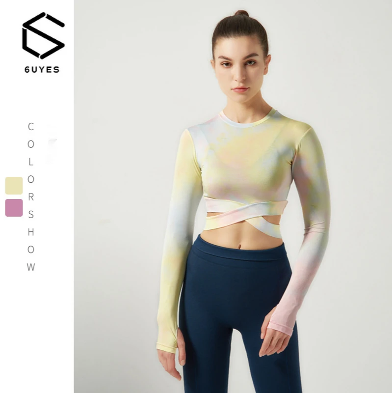 

Yoga suit large round neck Sports Top Long sleeve tie dyed open navel running fitness T-shirt summer activewear tops for women