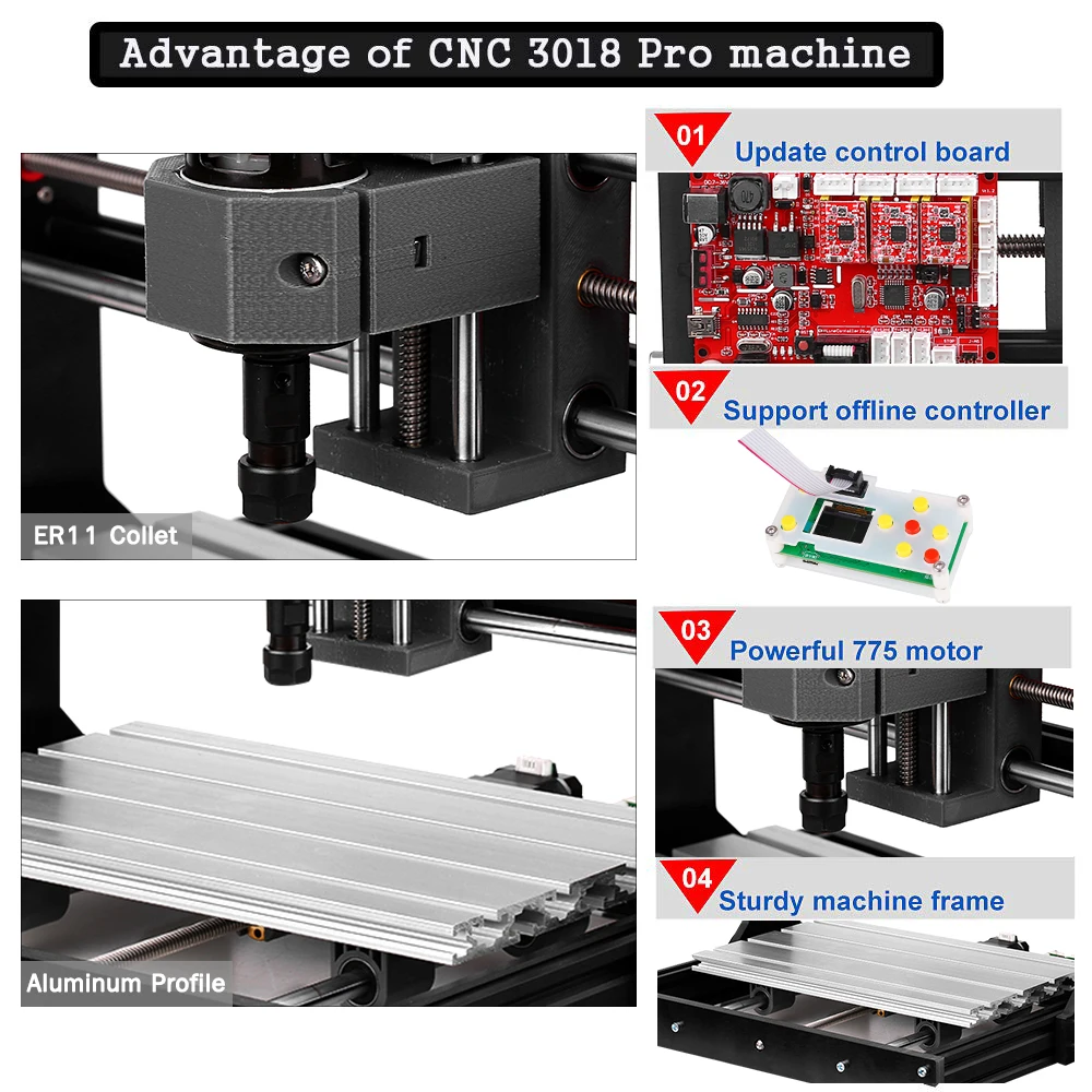 Upgrade Version CNC 3018 Pro GRBL Control with Offline Controller ER11 and 5mm Extension Rod Working Area 300*180x40mm | Инструменты