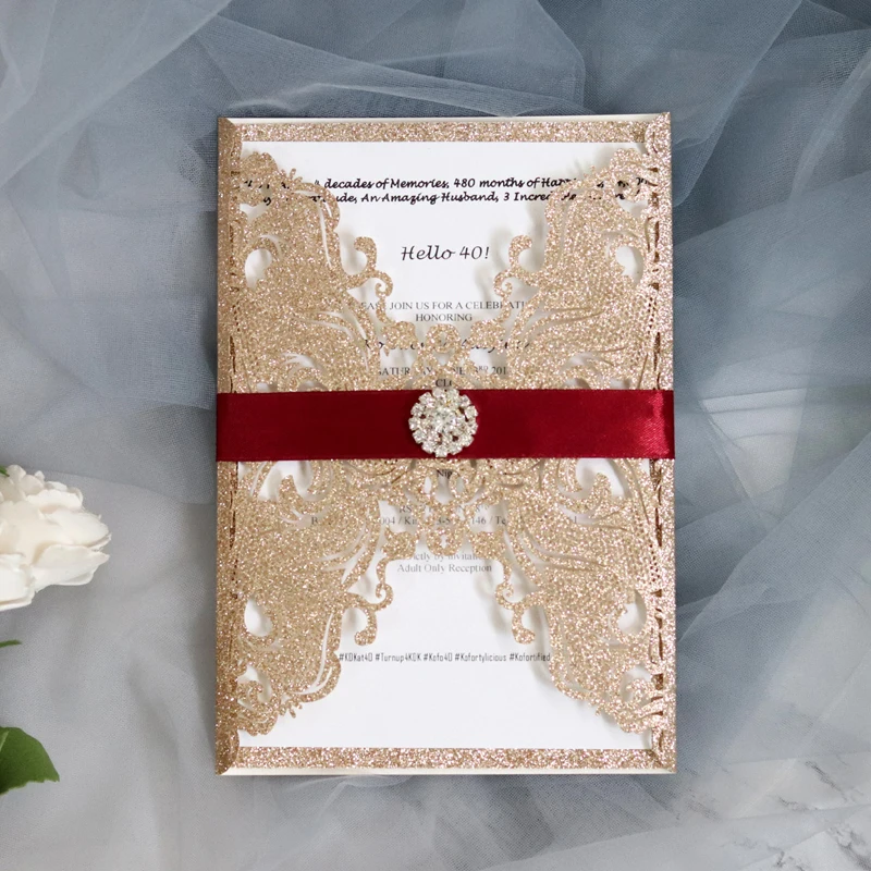 (100 шт./лот) золотые блестящие свадебные пригласительные открытки с принтом на