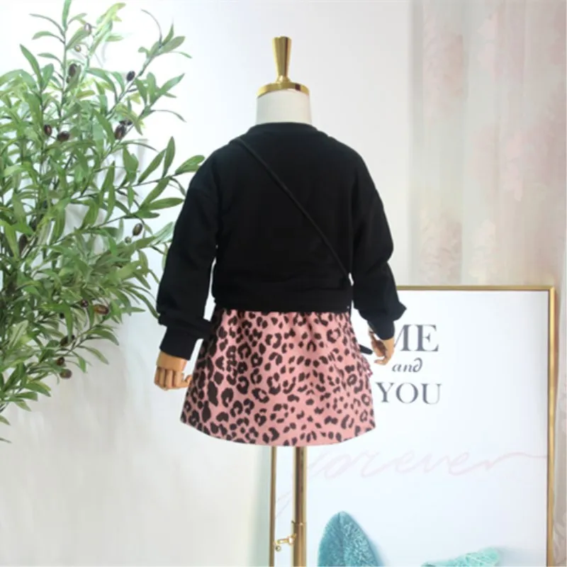 3PCS/Set New Autumn&Spring Leopard Clothing Set For Baby Girl Kids Black Top+Leopard Skirt+Bag Leopard Clothing Set