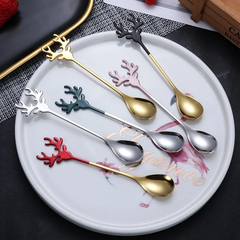 

Stainless Steel Christmas Spoon Scoop Kitchen Tableware Stirring Spoons Elk Design Coffee Mixing Scoops Xmas Noel Party Decor