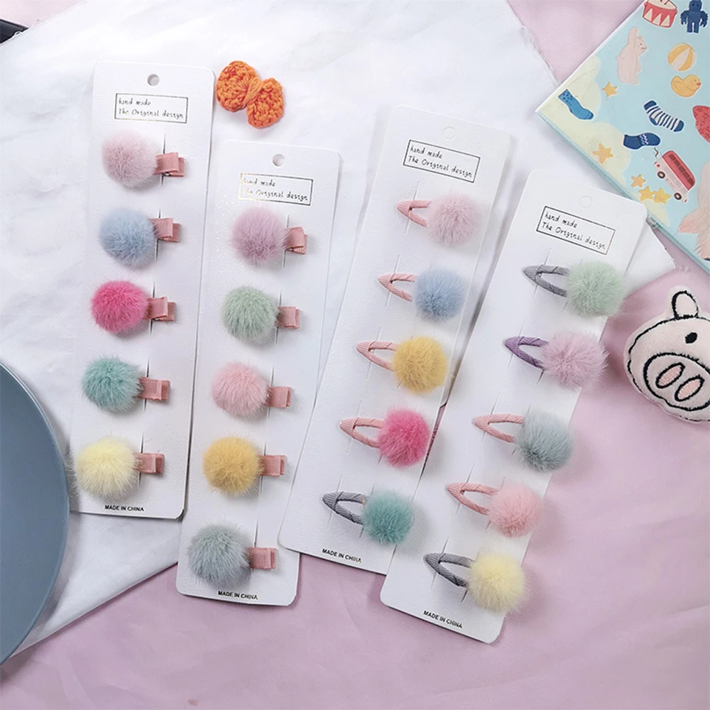 

5PC SET Girls Hairpins with Small Lovely Soft Fur Pompom Mini Ball Gripper Hairball Pom Hairclips Children Hair Clip Accessories