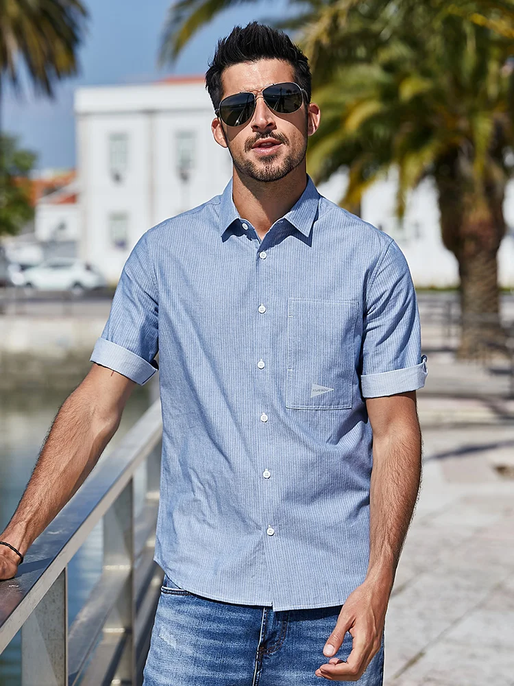 

KUEGOU 100% cotton Men's shirt stripe Half sleeve fashion simple comfortable shirts summer cotton shirt blue top size BC-28316
