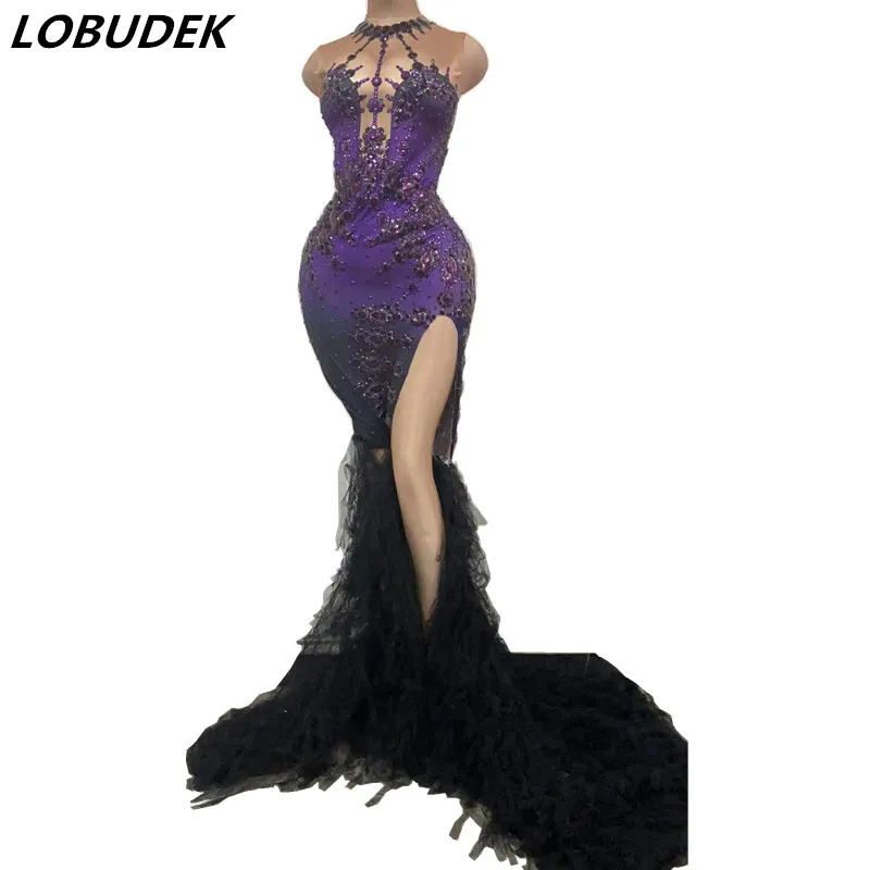 

Fashion Purple Rhinestones Black Voile Tailing Sleeveless Slit Long Dress Women Evening Prom Singer Host Model Catwalk Costume