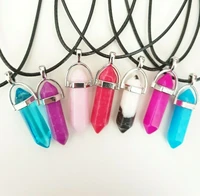 hexagonal column pendulum pendants necklace pink crystal quartz statement pendant necklace pu leather cord for womens