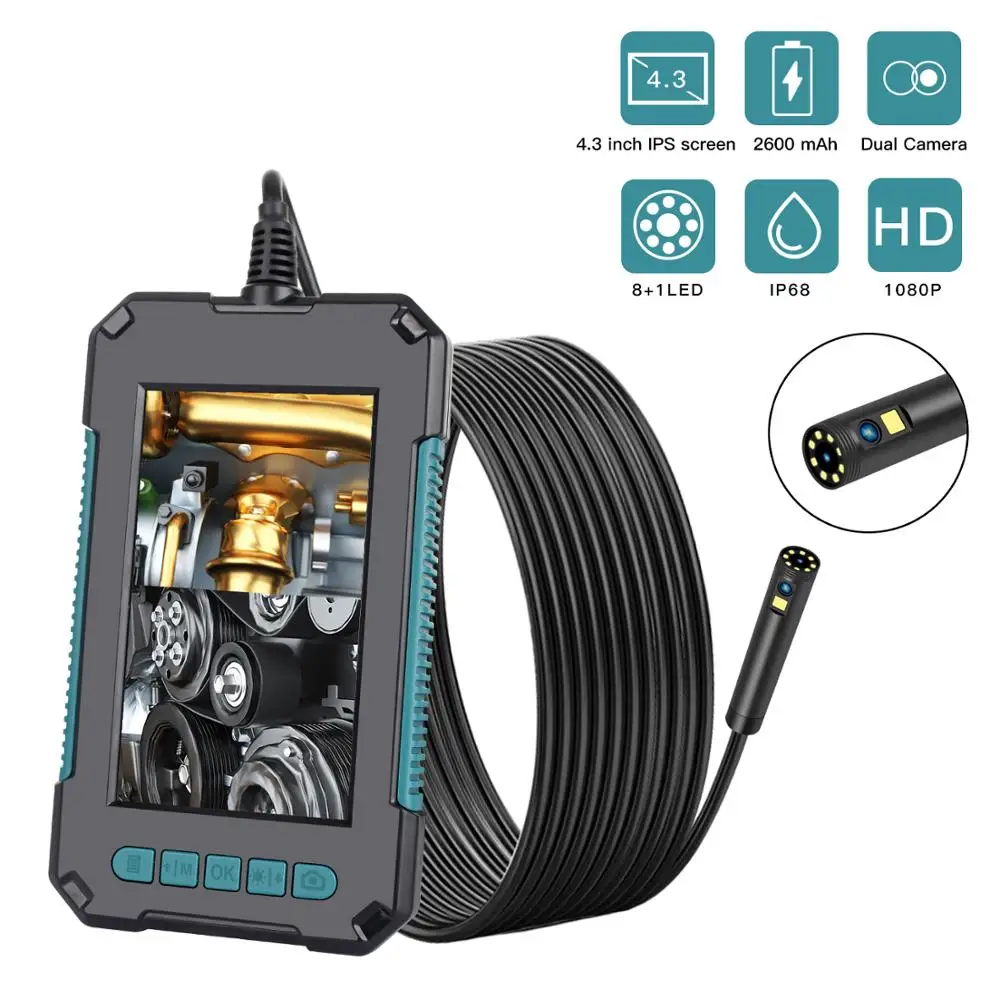 New Car Video Endoscope Dual Camera Boroscope Double Lens Flexible Camera Sewer Drain Pipe Engine Inspection Camera with Screen