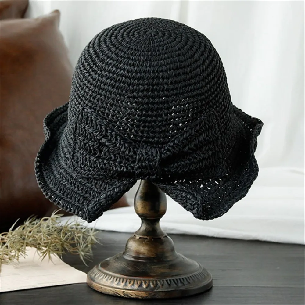 

New Handmade Straw Sun Hat Ladies Bowknot Foldable Wide Brim Summer Beach Panama Bucket Hat Japanese Female Shade Hat