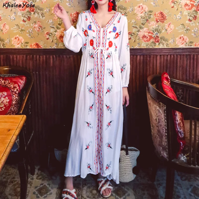 

KHALEE YOSE Boho Floral Embroidery Maxi Dress Vintage Chic Spring Autumn Women Dresses Ladies Holiday Long Sleeve Female Dress