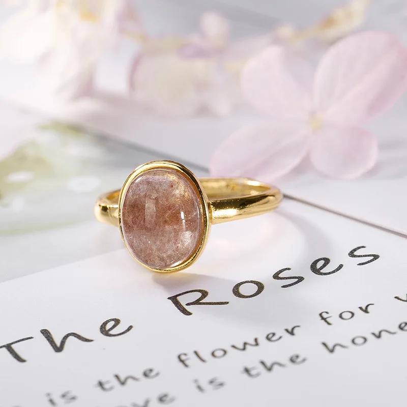 

New S925 Sterling Silver Gilded Inlaid Natural Strawberry Pink Crystal Women Adjustable Opening Rings Girl Ring Wholesale K0137