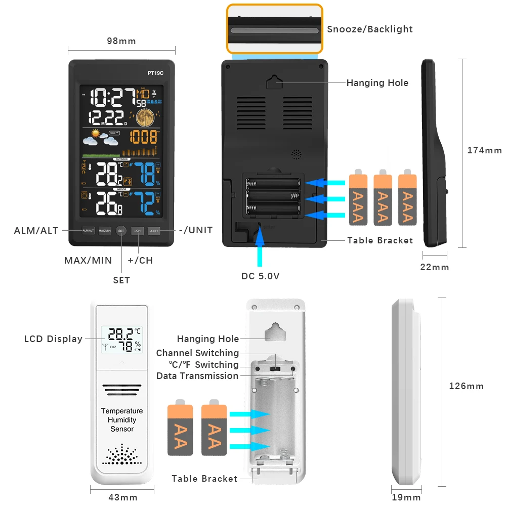 PROTMEX PT19C Погодная станция Температура Влажность беспроводной цветной ЖК дисплей
