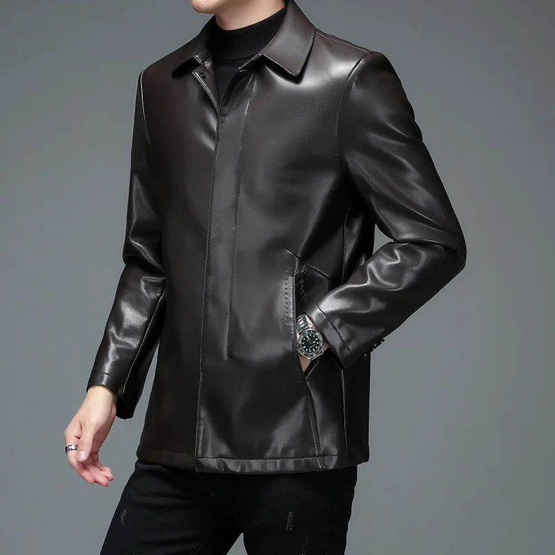 

Новинка Осень/Зима Мужская модная облегающая Повседневная Свободная куртка из искусственной кожи средней длины с отложным воротником боль...