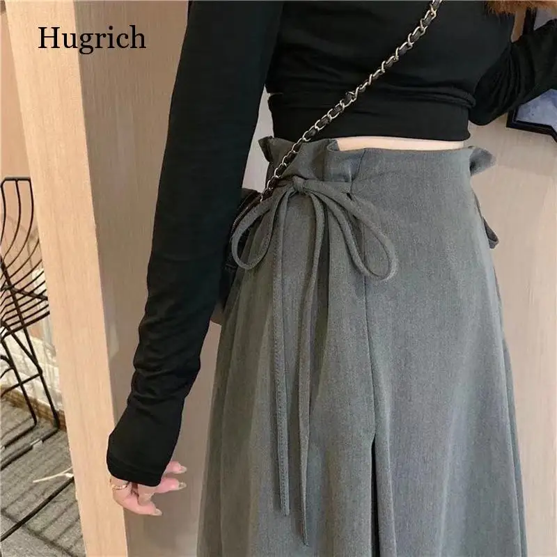 

Women Vintage Bandage Lace Up Skirts High Waist Solid A-Line Mid-Calf Skirt Female Korean New Fashion Office Lady Mujer Clothing