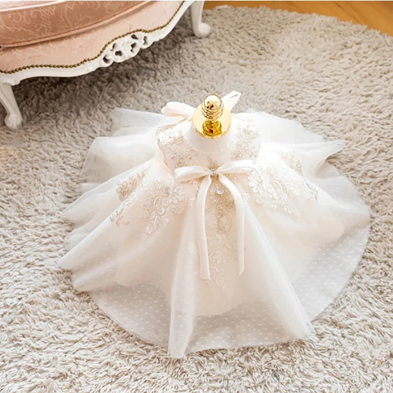 

Korean Baby Girl Baptism Dress Kids Beading Bow Lace Tulle Toddler Christening Gown 1st Birthday Dresses Infant Boutique Vestido