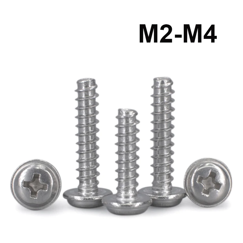 Round Pan Head Self Tapping Screw With Pad 304 Stainless Steel Flat Tail Self-tapping Screws With Washer M2 M2.2 M2.6 M3 M4