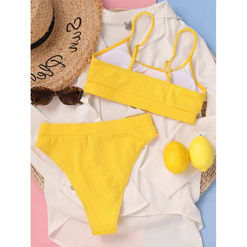 

High Waist Bikinis 2021 Woman Summer Solid Ribbed Swimwear Sexy Bikini Push Up Swimsuit Women 2 Pieces Beachwear Bathing Suit