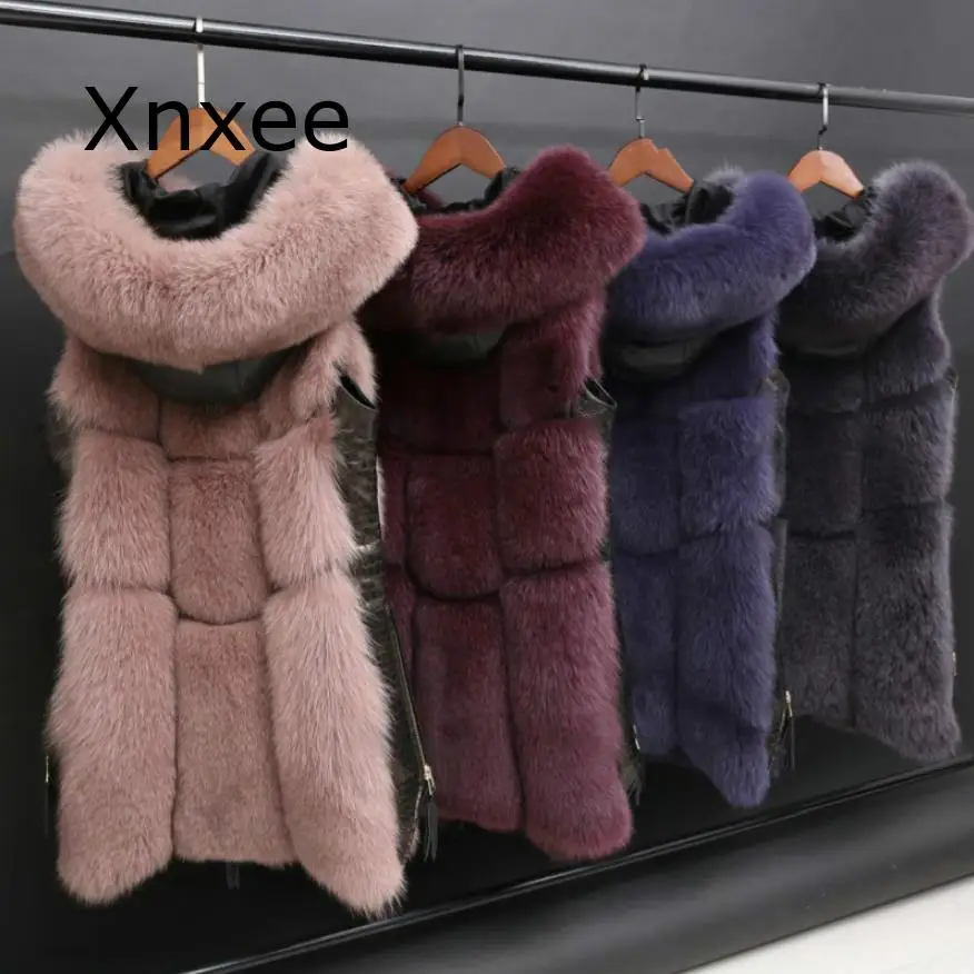 

Зимняя женская меховая куртка, жилет из искусственного лисьего меха, Модный меховой жилет с капюшоном, кожаная теплая верхняя одежда с боко...