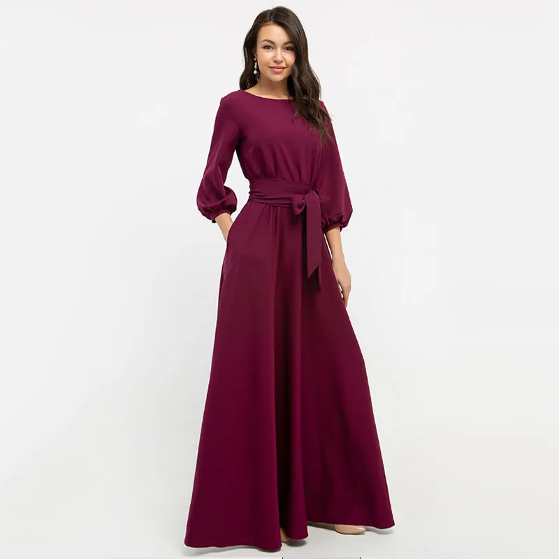 

Women Autumn Dress 2020 Solid Long Sashes Maxi Dress Sundress Long Sleeve O-neck Coffee Casual Dresses Lady Beach Party Dress