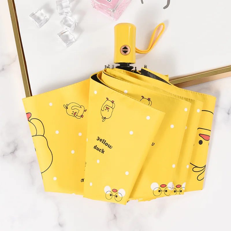 

Sunny Rain Umbrella Thick Vinyl Cartoon Automatic Umbrella UV Protection Yellow Duck Pattern Fashion Women Girl Gift