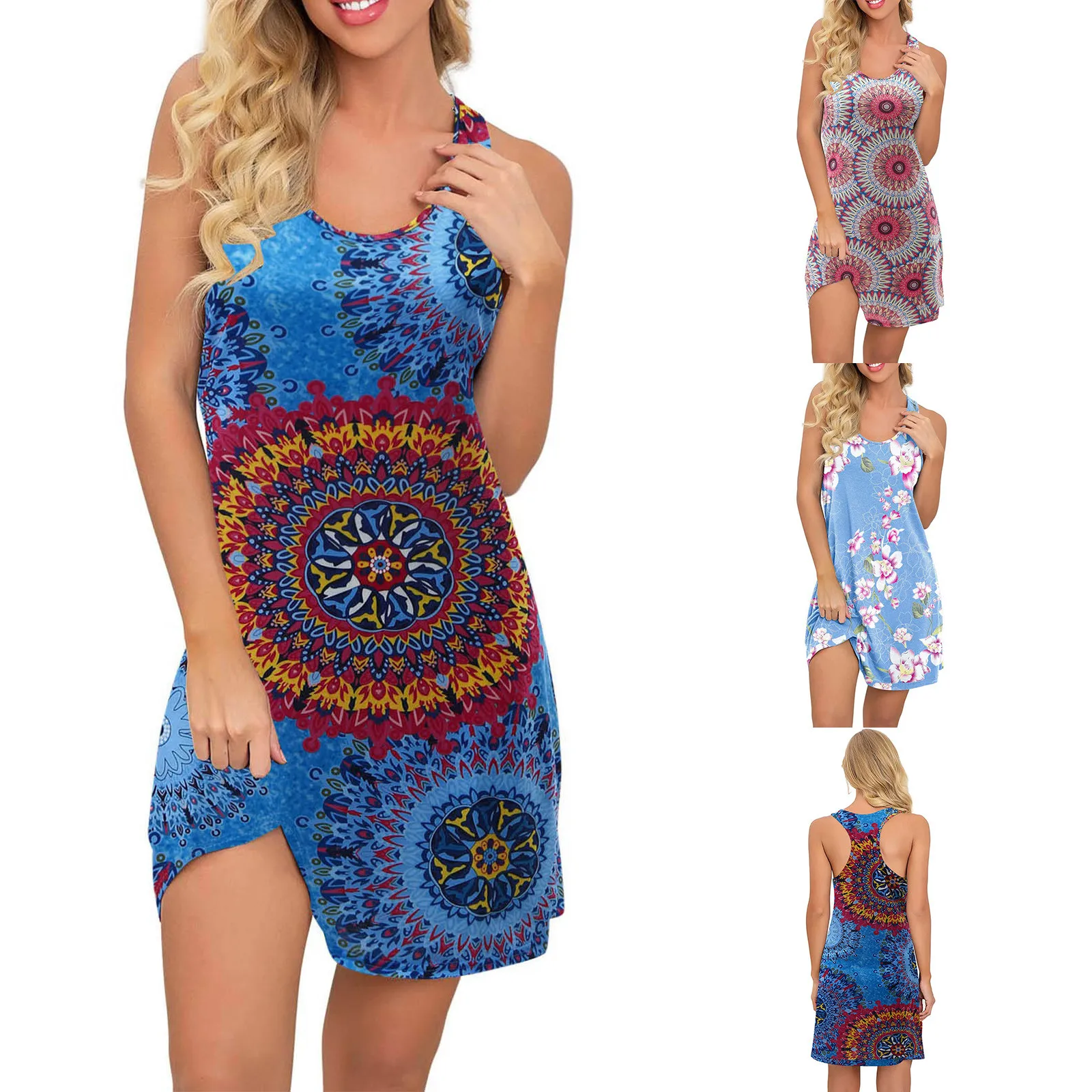 

Tribe Totem Print Round Neck for Women Loose African DressNightdress Long Robe Female Street Wear Vestido Sleeveless Dress
