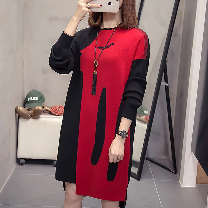 Женское вязаное платье с длинным рукавом повседневное свободное свитер большого