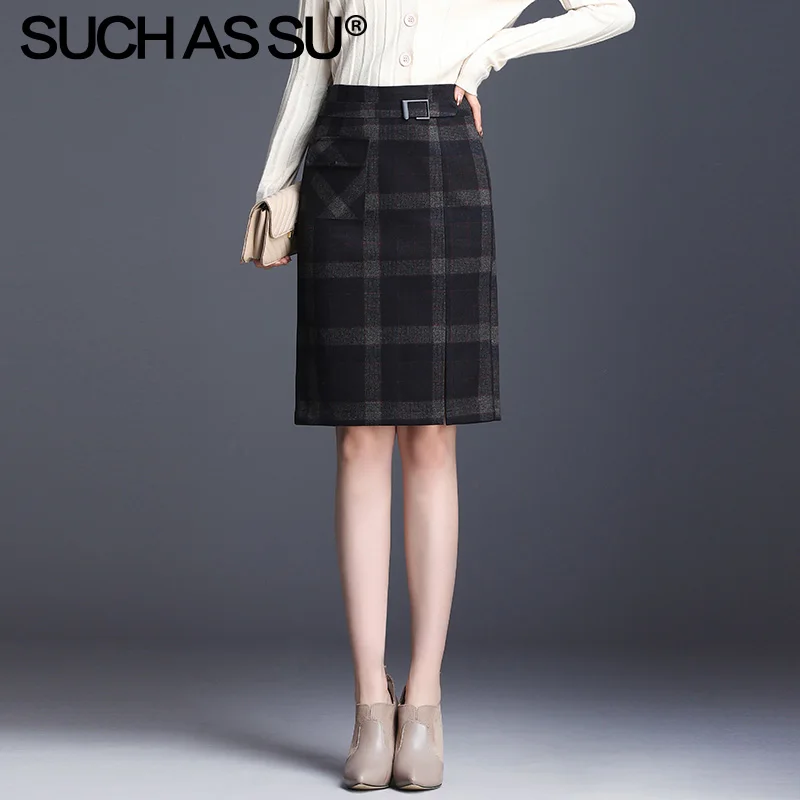 Новинка осенне-зимние вязаные клетчатая юбка для женщин 2019 черная с высокой
