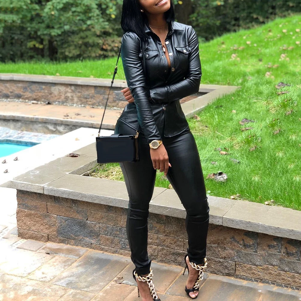 Брюки Женские однотонные из искусственной кожи с отложным воротником и