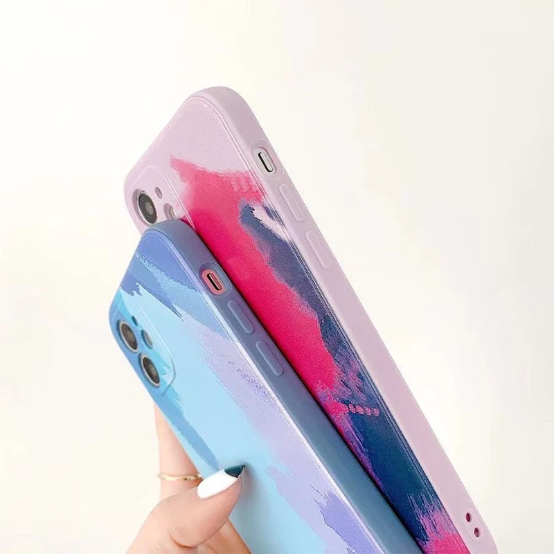 Gradient Watercolor Painting Square Liquid Silicone Phone Case For Huawei P40 P30 Mate 40 30 Pro Nova 7 8 SE Honor 30S V30 | Мобильные